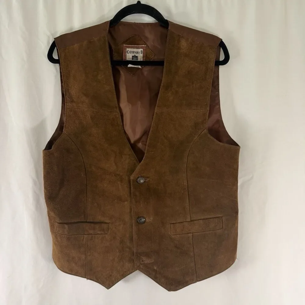 Company B Leather Vest Men's Medium Brown Button Front Vneck Pockets Casual Wear